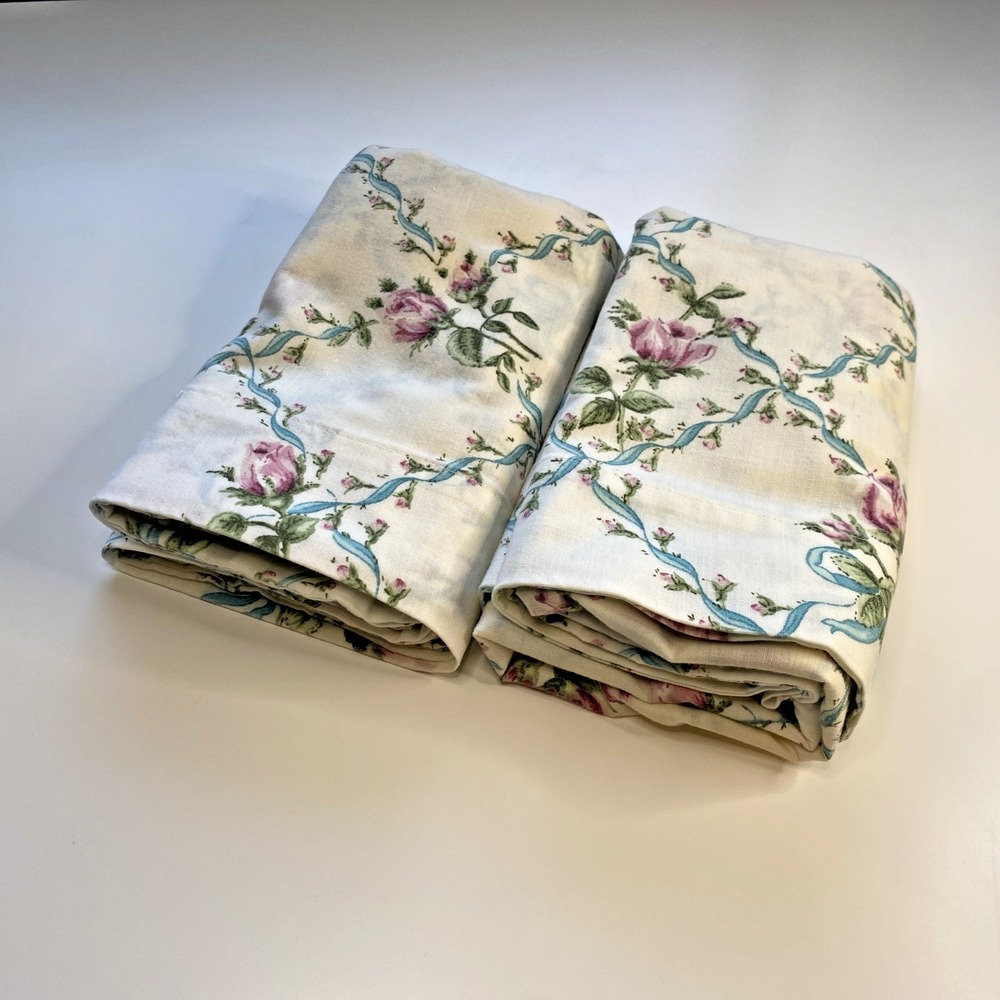 Vintage Lady Pepperell Set 2 Standard Pillowcase Roses & Ribbon "Tiffany Rose"